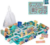 lbgwp60-Blocs De Construction En Bois - Ville - 113 Blocs De Construction - Tapis Puzzle - Avec Bâtiments, Circuit De Course - Chiffres - À Partir De 3 Ans - Multicolore - A
