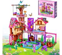 lbgwp60-Ensemble De Construction Cabane Dans Les Arbres, 756 Pièces Kit De Construction, Friends Fille Cabane D'Arbre Avec 3 Personnages Et 4 Animaux, Cadeaux Pour Enfants Dès 8 Ans (Rose)