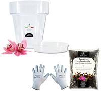 lbgwp60-Kit De Rempotage Pour Orchidées Pot Transparent Pour Orchidées, 4 Trous De Drainage Et Soucoupe + Terreau Spécifique Pour Orchidées 1L, Gants De Jardinage (14Mm)