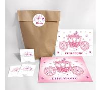 lbgwp60-Lot De 12 Cartes D'Invitation, Autocollants Pour Anniversaire D'Enfant « Princesse Party » Pour Fille,Carrosse (12 Cartes + 12 Enveloppes + 12 Sachets De Fête (Sac À Fond Croisé) + 12 Autocol