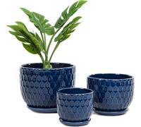 Lbgwp60-Lot De 3 Pots De Fleurs Ronds En Céramique Avec Trou De Drainage Et Soucoupe Pour Intérieur Avec Texture Inspirée Du Nid D'abeille, Taille S À M, Bleu Marine