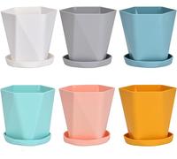 lbgwp60-Lot De 6 Pots De Fleurs En Plastique Avec Soucoupe Pour Semis Et Plantes Miniatures (Rose, Jaune, Bleu, Blanc, Vert, Gris)