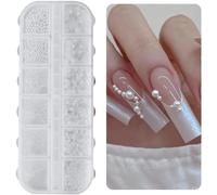 Lbgwp60-Nail Art Strass 1 Boîte, Nail Charms, 12 Types De Perles Blanches Pour Ongles, Flatback Rhinestones, Petites Perles En Acier Inoxydable, Décoration D'ongles, Accessoires D'ongles