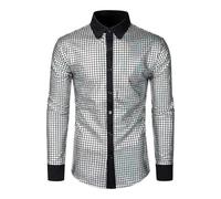 LBL Leading the Better Life Homme Bouton vers Le Bas Disco Chemise Tenue Homme Retro 70s Chemises pour Homme Paillettes métallisé Manches Courtes Disco Tenues fête Gris 2XL