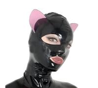 LBUZHOY Cagoule en Latex avec des Oreilles de Chat Caoutchouc Tête Masque Yeux Exposés Bouche Exposé BDSM Fetish Unisexe Cosplay(Size:XS-60CM)