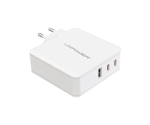 LC-Power LC-GAN-100 Chargeur Secteur Universel 100W GaN Power Delivery 3.0, 2x USB-C 100W + 1x USB-A 3.2 Gen 1, Protections Multiples, Blanc