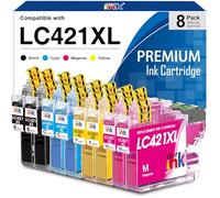 LC421XL Cartouches d'encre 8 Pack Compatible pour Brother LC421 LC421XL Cartouche pour Brother DCP-J1050DW DCP-J1140DW MFC-J1010DW 2 Noir, 2 Cyan, 2 Magenta, 2 Jaune