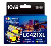 LC421XL Lot de 10 cartouches d'encre compatibles Brother LC421 LC-421XL pour Brother DCP-J1050DW DCP-J1140DW MFC-J1010DW DCP-J1800DW 4 noir/2cyan/2magenta/2jaune