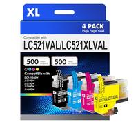 LC521 LC521VAL Lot de 4 Cartouches d'encre compatibles LC 521 XL LC-521 pour Brother DCP-J1260W J1310DW J1313DW J1360DW J1460DW Noir Cyan Magenta Jaune