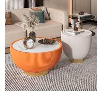 LCBDYLR Ensemble de 2 Tables Basses Rondes en Marbre Blanc - Table Basse et Bout de Canapé Moderne Drum pour Salon, Chambre, Appartement - sans Montage Large Orange and Small White
