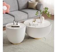 LCBDYLR Ensemble de 2 Tables Basses Rondes en Marbre Blanc - Table Basse et Bout de Canapé Moderne Drum pour Salon, Chambre, Appartement - sans Montage Combination White