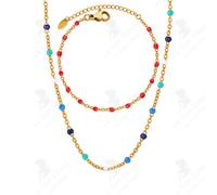 LCC® Collier en acier titane non terni avec perles colorées en émail et gouttes d'huile Bracelet rouge avec gouttes d'huile