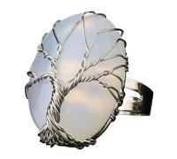 LCDIUDIU Bagues En Pierre De Forme Ovale, Fil D'Argent Enroulé Arbre De Vie Énergie Cristal Pierre Précieuse Anneaux Ouvert Réglable Doigt Circlet Pouce Bande Reiki Bijoux Cadeau Pour Femme Mama