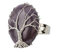 LCDIUDIU Bagues En Pierre De Forme Ovale, Fil D'Argent Enroulé Arbre De Vie Énergie Cristal Pierre Précieuse Anneaux Ouvert Réglable Doigt Circlet Pouce Bande Reiki Bijoux Cadeau Pour Femme Mama