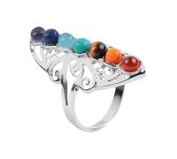 LCDIUDIU Bagues En Pierres Des 7 Chakras, Grande Bague En Argent Creuse Avec Perles Rondes En Forme De Fleur, Bague En Pierre D'Énergie Naturelle, Ouverte Et Réglable, Anneau De Pouce, Bijoux Cade