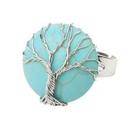 LCDIUDIU Bagues Rondes En Pierre Naturelle, Fil D'Argent Enroulé Arbre De Vie Pierre Ronde Bagues En Pierre Précieuse Ouverte Réglable Doigt Circlet Pouce Band Reiki Bijoux Cadeau Pour Elle Petit
