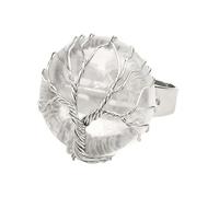 LCDIUDIU Bagues Rondes En Pierre Naturelle, Fil D'Argent Enroulé Arbre De Vie Pierre Ronde Bagues En Pierre Précieuse Ouverte Réglable Doigt Circlet Pouce Band Reiki Bijoux Cadeau Pour Elle Petit