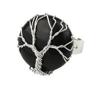 LCDIUDIU Bagues Rondes En Pierre Naturelle, Fil D'Argent Enroulé Arbre De Vie Pierre Ronde Bagues En Pierre Précieuse Ouverte Réglable Doigt Circlet Pouce Band Reiki Bijoux Cadeau Pour Elle Petit