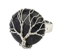 LCDIUDIU Bagues Rondes En Pierre Naturelle, Fil D'Argent Enroulé Arbre De Vie Pierre Ronde Bagues En Pierre Précieuse Ouverte Réglable Doigt Circlet Pouce Band Reiki Bijoux Cadeau Pour Elle Petit