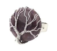 LCDIUDIU Bagues Rondes En Pierre Naturelle, Fil D'Argent Enroulé Arbre De Vie Pierre Ronde Pierres Précieuses Bagues Ouvertes Réglables Doigt Circlet Pouce Bande Reiki Bijoux Cadeau Pour Elle Pet