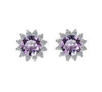 LCDIUDIU Boucles D'Oreilles À Tige En Argent Sterling 925, Petites Fleurs En Diamant Taille Ronde De 5 Mm, Hypoallergéniques, Pierre Naissance, Bijoux, Cadeau pour Femme, Épouse, Maman, Violet