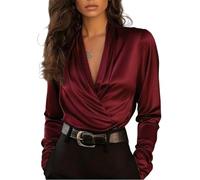 LCDIUDIU Chemisiers en Satin De Soie pour Femmes,Élégants,À Manches Longues Et Décolleté Plongeant,avec Un Effet Froncé. Hauts Cache-Cœur,Pulls,Parfaits pour Le Bureau,Les Soirées Et Les Tenues Décon