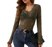 LCDIUDIU Crop Top en Dentelle Transparente pour Femme, Blanc. Blouse Tunique Extensible À Col V Et Manches Longues en Dentelle À Motifs Pivoines. Style Slim Et Sexy. Chemise Basique pour Soirée O