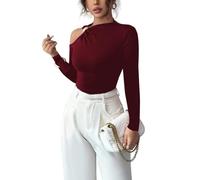 LCDIUDIU Damen Baselayer Top mit Schulterfreiem Oberteil, Langärmlig, Sexy, Figurbetont, Elegant, Elastisch, Unterhemd für Alltag, Arbeit, Party Und Club, Dunkelrot, Größe XS