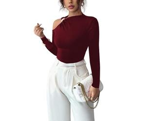 LCDIUDIU Damen Baselayer Top mit Schulterfreiem Oberteil, Langärmlig, Sexy, Figurbetont, Elegant, Elastisch, Unterhemd für Alltag, Arbeit, Party Und Club, Dunkelrot, Größe XS