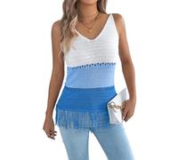 LCDIUDIU Débardeur sans Manches en Maille Crochetée Bicolore pour Femme, Bleu, Col V, Décolleté en V, Maille Transparente Ajourée avec Pompon, Gilet Léger Et Extensible, Idéal pour L'Été Et