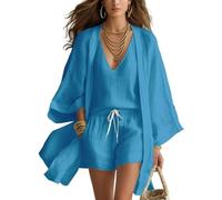 LCDIUDIU Ensemble 3 Pièces pour Femme, En Lin Mélangé, Composé D'Un Kimono Ouvert Sur Le Devant, D'Un Débardeur À Col V Et D'Un Short À Cordon. Parfait pour L'Été, Les Vacances À La Plage