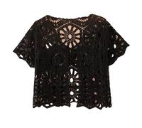 LCDIUDIU Gilet Au Crochet pour Femme Été, Blanc sans Manches Devant Ouvert Liens Devant Cardigan Tricoté À Géométrie Creuse T Shirt Boho Court Plage Couvrir Boléro Chemisier Haut Noir