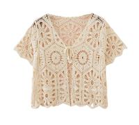 LCDIUDIU Gilet Au Crochet pour Femme Été, Blanc sans Manches Devant Ouvert Liens Devant Cardigan Tricoté À Géométrie Creuse T Shirt Boho Court Plage Couvrir Boléro Chemisier Haut Beige