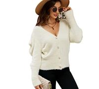 LCDIUDIU Gilet Femme Chic,Cardigan Tricoté Dames Tempérament Court Uni Blanc Col en V Bouton Bouffant Manches Ouvertes Avant Chandails Cardigan Automne Élégant en Peluche Tricot Veste Manteau,M