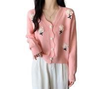 LCDIUDIU Gilet Femme Chic,Cardigans Tricotés pour Femmes Rose Bonbon Fleur Stéréo Perle Broderie Revers Bouton Manches Longues Ouvert Devant Pulls Cardigan Élégant Automne Lâche Épaissir Vêtements D'