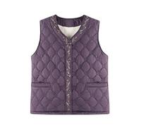 LCDIUDIU Gilet Polaire Thermique D'Hiver pour Femme Âgée, Sans Manches, Col En V, Boutons, Broderie De Fleurs De Lotus Et De Losanges, Matelassé, Violet, Taille Xl.