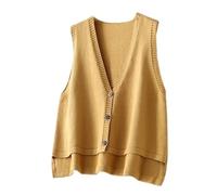 LCDIUDIU Gilet sans Manches en Maille Beige pour Femme, Col V, Boutons, Ourlet Asymétrique, Style Vintage, Coupe Ample Et Décontractée, Idéal pour Superposer, Jaune, Taille S.
