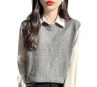 LCDIUDIU Gilet sans Manches Maille De Laine Mélangée Bleu Marine pour Femme, Col Rond, Motif Perles Et Feux d'artifice, Pull sans Manches Chaud Et Ajusté, Idéal pour L'Automne Et l'hiver, Gris,