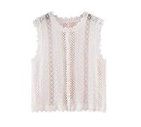 LCDIUDIU Gilet Tricoté Au Crochet pour Femme, Beige, sans Manches, Col Rond, Bouton, Bordure en Dentelle, Cardigan en Maille Creuse, Gilet D'Été, Bohème, Plage, Cache Cœur, Boléro Court, Blanc