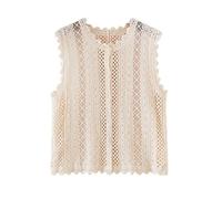 LCDIUDIU Gilet Tricoté Au Crochet pour Femme, Beige, sans Manches, Col Rond, Bouton, Bordure en Dentelle, Cardigan en Maille Creuse, Gilet D'Été, Bohème, Plage, Cache Cœur, Boléro Court, Beige