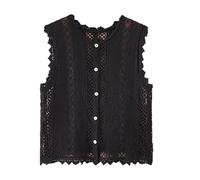 LCDIUDIU Gilet Tricoté Au Crochet pour Femme, Beige, sans Manches, Col Rond, Bouton, Bordure en Dentelle, Cardigan en Maille Creuse, Gilet D'Été, Bohème, Plage, Cache Cœur, Boléro Court, Noir
