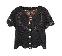 LCDIUDIU Hauts Au Crochet pour Femmes Été, Beige Manches Courtes Col en V Boutons Fleurs Creuses Cardigan Tricoté T Shirt Boho Plage Cover Up Short Bolero Top Noir