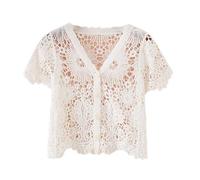 LCDIUDIU Hauts Au Crochet pour Femmes Été, Beige Manches Courtes Col en V Boutons Fleurs Creuses Cardigan Tricoté T Shirt Boho Plage Cover Up Court Boléro Haut Blanc