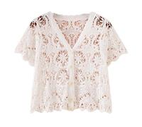 LCDIUDIU Hauts Courts Au Crochet pour Femmes, Noir, Manches Courtes, Col en V, Bouton, Fleurs Creuses, Cardigan Tricoté, T Shirt D'Été Bohème, Plage, Cache Cœur, Coupe Slim, Boléro, Chemisier