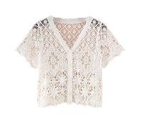 LCDIUDIU Hauts Courts Au Crochet pour Femmes, Noir, Manches Courtes, Col en V, Bouton, Grille Creuse, Fleurs, Cardigan Tricoté, T Shirt D'Été Bohème, Plage, Cache Cœur, Coupe Slim, Boléro, Che