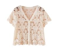 LCDIUDIU Hauts Courts Au Crochet pour Femmes, Noir, Manches Courtes, Col en V, Boutons, Fleurs Creuses, Cardigan Tricoté, T Shirt D'Été Bohème, Plage, Cache Cœur, Coupe Slim, Boléro, Chemisier