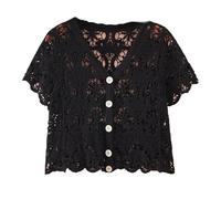 LCDIUDIU Hauts Courts Au Crochet pour Femmes, Noir, Manches Courtes, Col en V, Boutons, Fleurs Creuses, Cardigan Tricoté, T Shirt D'Été Bohème, Plage, Cache Cœur, Coupe Slim, Boléro, Chemisier