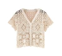 LCDIUDIU Hauts Courts Au Crochet pour Femmes, Noir, Manches Courtes, Col en V, Boutons, Grille Creuse, Fleurs, Cardigan Tricoté, T Shirt D'Été Bohème, Plage, Cache Cœur, Coupe Slim, Boléro, Ch