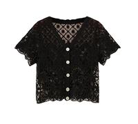 LCDIUDIU Hauts Courts Au Crochet pour Femmes, Noir, Manches Courtes, Col en V, Boutons, Grille Creuse, Fleurs, Cardigan Tricoté, T Shirt D'Été Bohème, Plage, Cache Cœur, Coupe Slim, Boléro, Ch