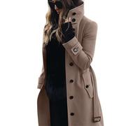 LCDIUDIU Manteau Femme En Laine Mélangée À Col Montant, Vert, Manches Longues, Boutons, Ceinture, Élégant Revers, Automne Hiver, Classique, Mi Long, En Laine, Avec Poche, Kaki, Taille L